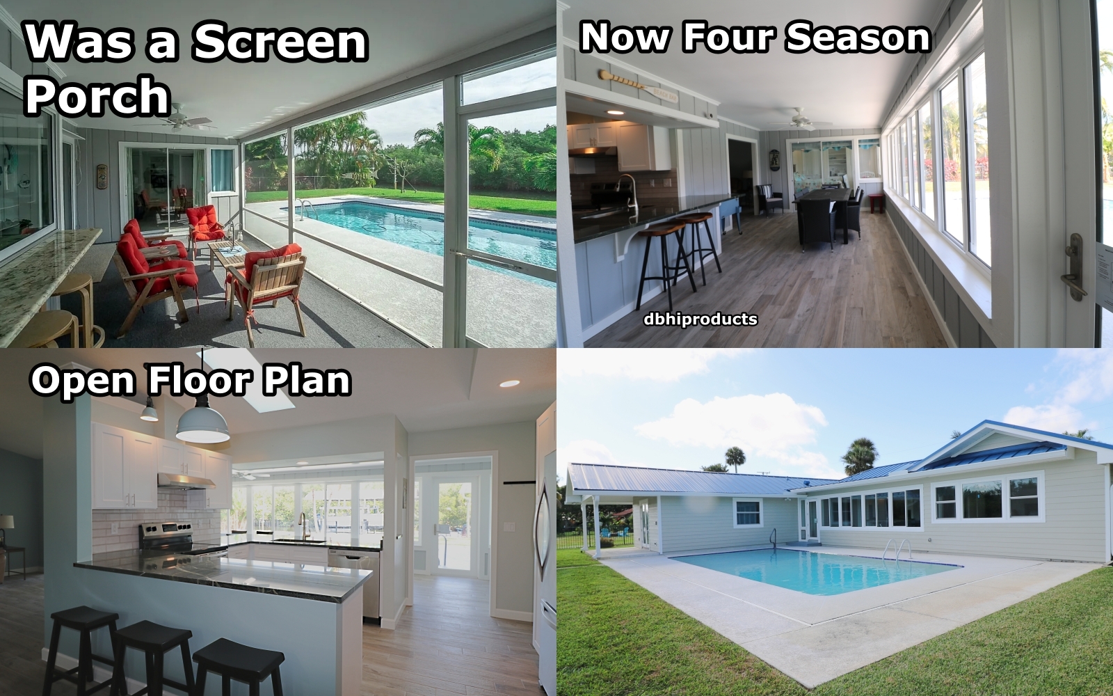 Screen porch conversion to four season room with open floor plan kitchen layout remodel.