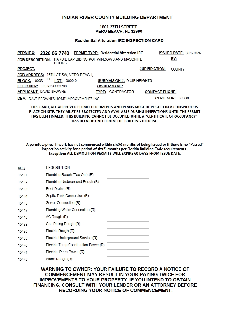 Indian River County Building Department residential alteration permit inspection card for siding and windows in Vero Beach FL.
